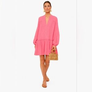 Pomander Place Ophelia Pink Tiered Mini Dress Size L Cotton Puff Sleeve Tunic